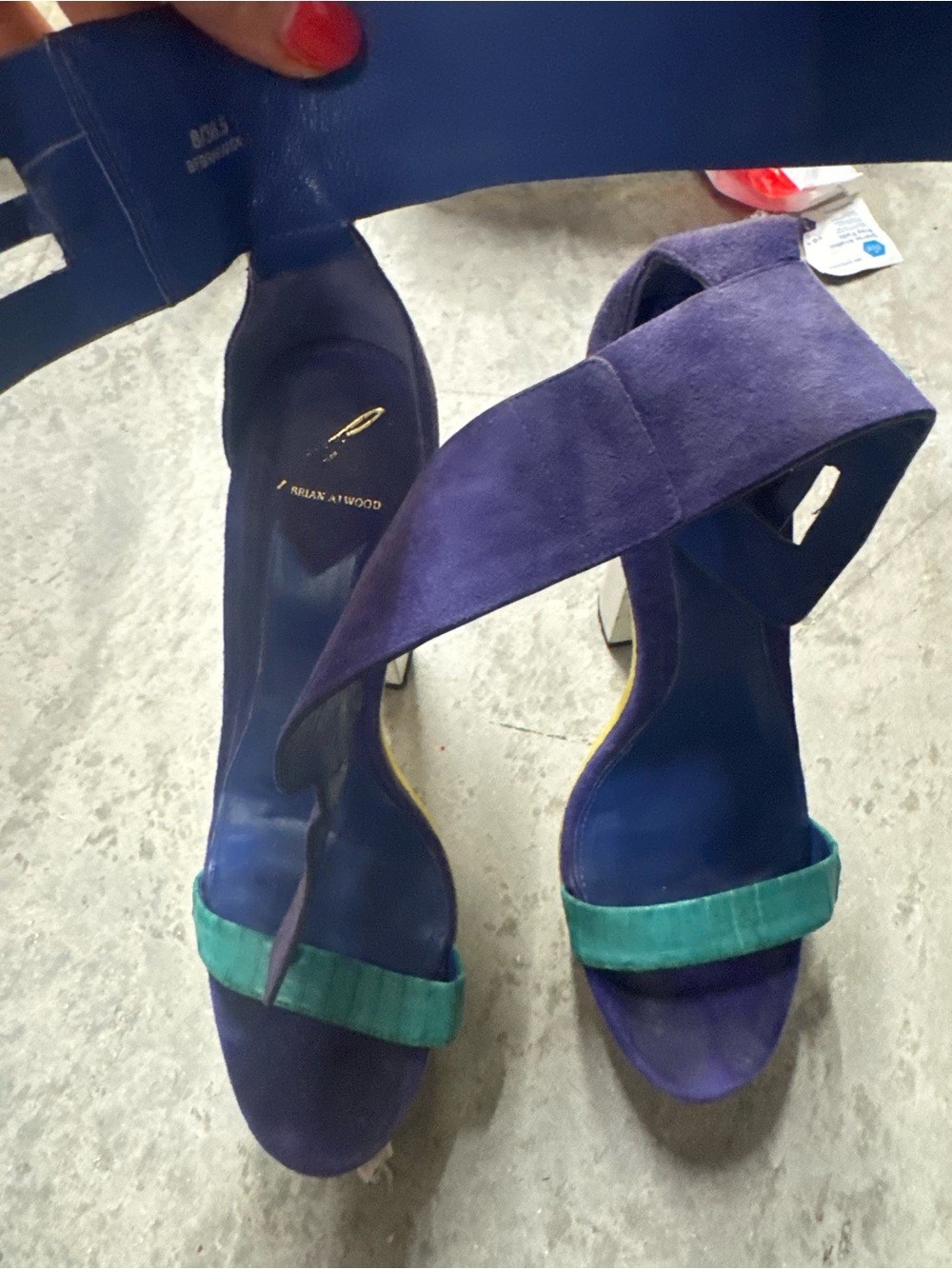 B Brian Atwood Purple Suede Cross-Strap Heels with Teal Accent